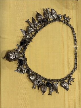 Mid Century Chunky Silver Charm Necklace Scottie Dog Horse Fish Heart Bird